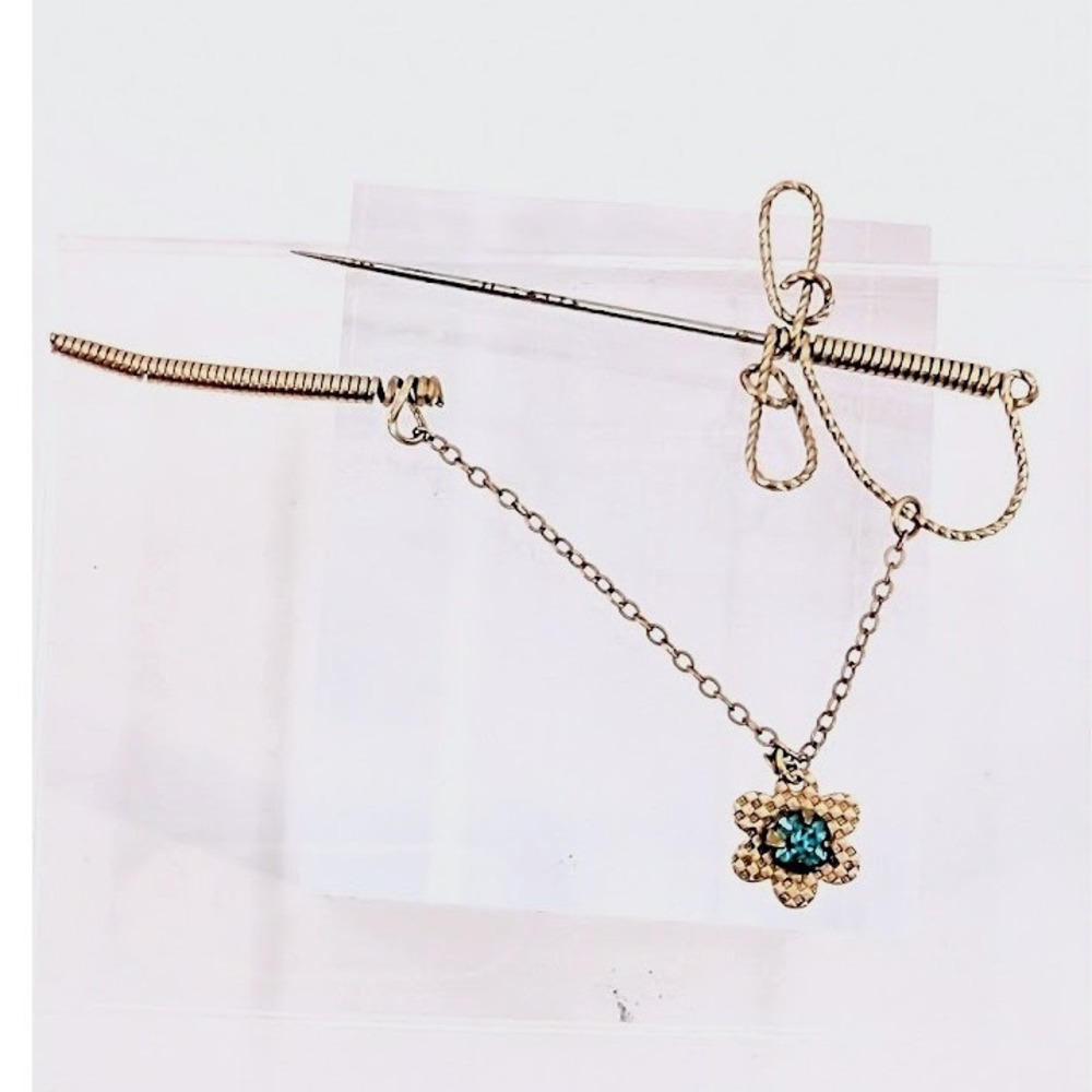 VTG Sword and Scabbard Chatelaine Pin Turquoise Color Rhinestone Flower